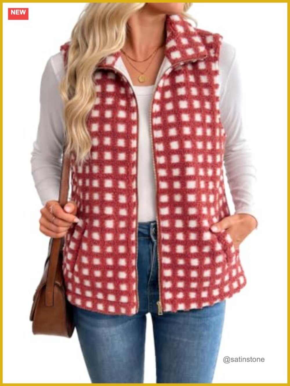 SHEWIN Sleeveless Vest Lightweight Outerwear Fleece Lined Plaid Women's